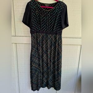 VTG Carole Little Black and Teal Midi Dress Short Sleeve Size 10 USA Side Zipper